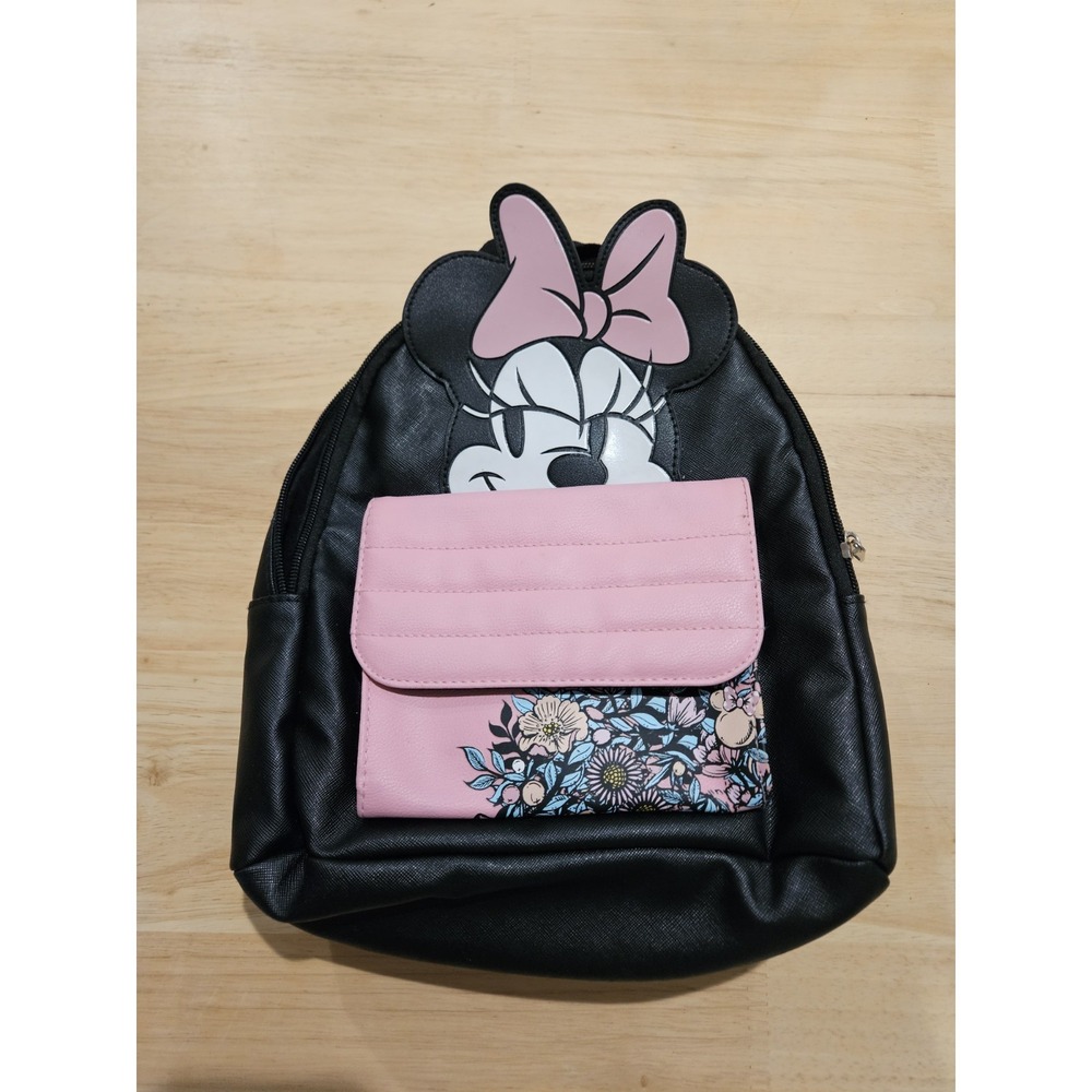 Disney Minnie Mouse Mini Backpack Pink Bow Floral Pocket Black Faux‎ Leather